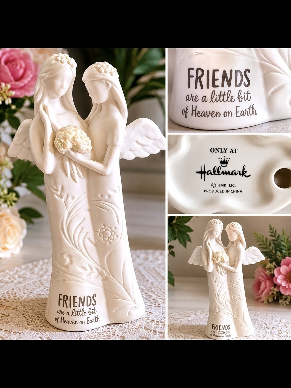 Hallmark Cream Angel Friends Figurine with Gold Accent Bouquet